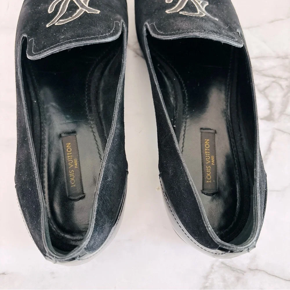 Louis Vuitton LV Monogram Women’s Suede Black Embroidered Loafers Size 40.5 10.5 - Picture 12 of 13